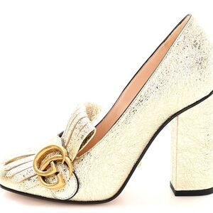 GUCCI Galassia GG Marmont Fringe 105mm Loafer Pumps 35 Platino